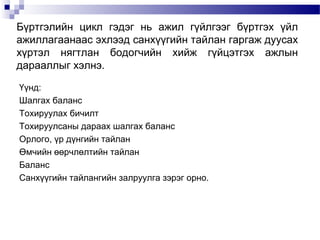 Бүртгэлийн цикл гэдэг нь ажил гүйлгээг бүртгэх үйл
ажиллагаанаас эхлээд санхүүгийн тайлан гаргаж дуусах
хүртэл нягтлан бодогчийн хийж гүйцэтгэх ажлын
дарааллыг хэлнэ.
Үүнд:
Шалгах баланс
Тохируулах бичилт
Тохируулсаны дараах шалгах баланс
Орлого, үр дүнгийн тайлан
Өмчийн өөрчлөлтийн тайлан
Баланс
Санхүүгийн тайлангийн залруулга зэрэг орно.

 