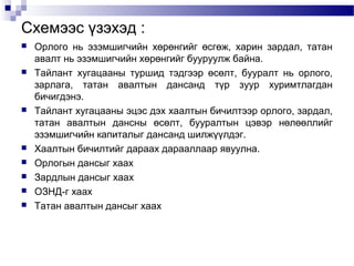 Схемээс үзэхэд :












Орлого нь эзэмшигчийн хөрөнгийг өсгөж, харин зардал, татан
авалт нь эзэмшигчийн хөрөнгийг бууруулж байна.
Тайлант хугацааны туршид тэдгээр өсөлт, бууралт нь орлого,
зарлага, татан авалтын дансанд түр зуур хуримтлагдан
бичигдэнэ.
Тайлант хугацааны эцэс дэх хаалтын бичилтээр орлого, зардал,
татан авалтын дансны өсөлт, бууралтын цэвэр нөлөөллийг
эзэмшигчийн капиталыг дансанд шилжүүлдэг.
Хаалтын бичилтийг дараах дарааллаар явуулна.
Орлогын дансыг хаах
Зардлын дансыг хаах
ОЗНД-г хаах
Татан авалтын дансыг хаах

 