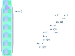 áóö (3) c(1)  n=1 k=2 áóö (2) k=3+2 áóö(5) c=(2)  n=2 k=3 áóö(3) k=5+3 áóö(8) 