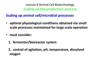Lecture 9 Animal Cell Biotechnology
           Scaling up the production process
Scaling up animal cell/microbial processes
• optimal physiological conditions obtained via small
  scale processes maintained for large scale operation

• must consider:

 1. fermentor/bioreactor system

 2. control of agitation, pH, temperature, dissolved
  oxygen
 
