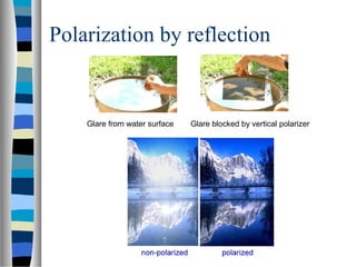 Glare from water surface Glare blocked by vertical polarizer
Polarization by reflection
 
