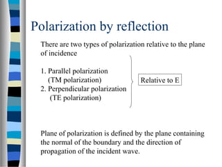 There are two types of polarization relative to the plane
of incidence
1. Parallel polarization
(TM polarization)
2. Perpendicular polarization
(TE polarization)
Plane of polarization is defined by the plane containing
the normal of the boundary and the direction of
propagation of the incident wave.
Relative to E
Polarization by reflection
 