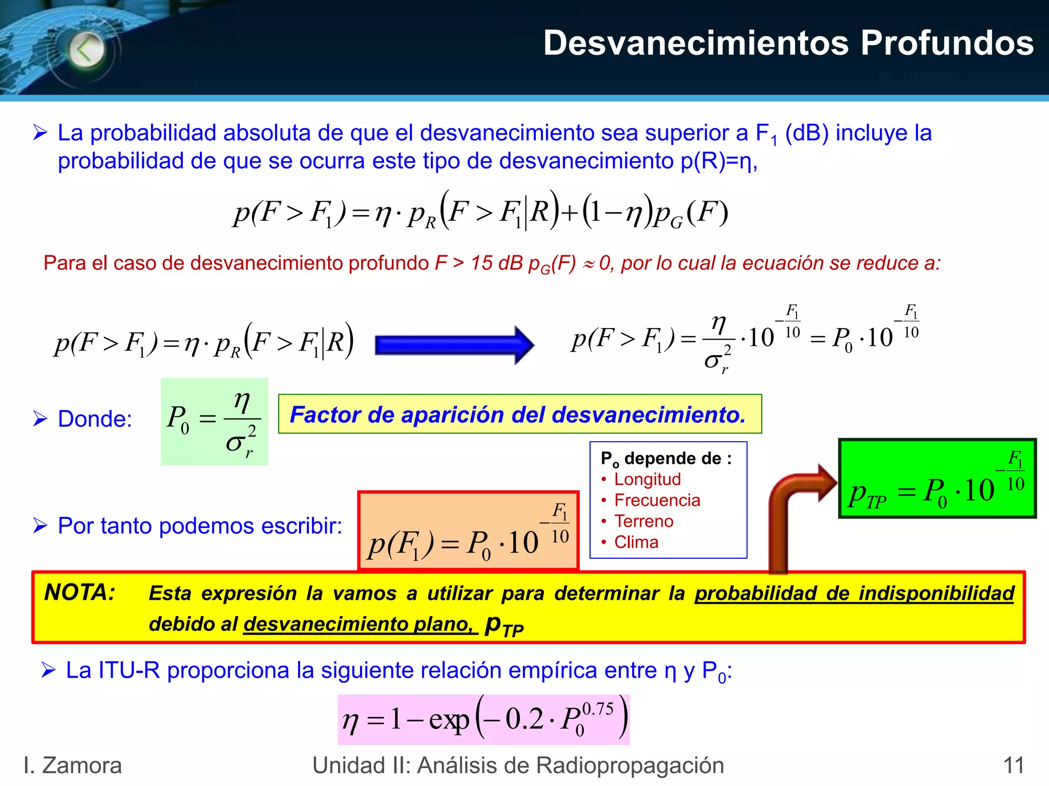 Desvanecimientos Profundos
11I. Zamora Unidad II: Análisis de Radiopropagación
 La probabilidad absoluta de que el desvanecimiento sea superior a F1 (dB) incluye la
probabilidad de que se ocurra este tipo de desvanecimiento p(R)=η,
 RFFp)Fp(F R 11  
    )(111 FpRFFp)Fp(F GR  
 La ITU-R proporciona la siguiente relación empírica entre η y P0:
 Donde: 20
r
P


 Factor de aparición del desvanecimiento.
 Por tanto podemos escribir: 10
01
1
10
F
P)p(F


Po depende de :
• Longitud
• Frecuencia
• Terreno
• Clima
 75.0
02.0exp1 P
Para el caso de desvanecimiento profundo F > 15 dB pG(F)  0, por lo cual la ecuación se reduce a:
10
0
10
21
11
1010
FF
r
P)Fp(F




NOTA: Esta expresión la vamos a utilizar para determinar la probabilidad de indisponibilidad
debido al desvanecimiento plano, pTP
10
0
1
10
F
TP Pp


 