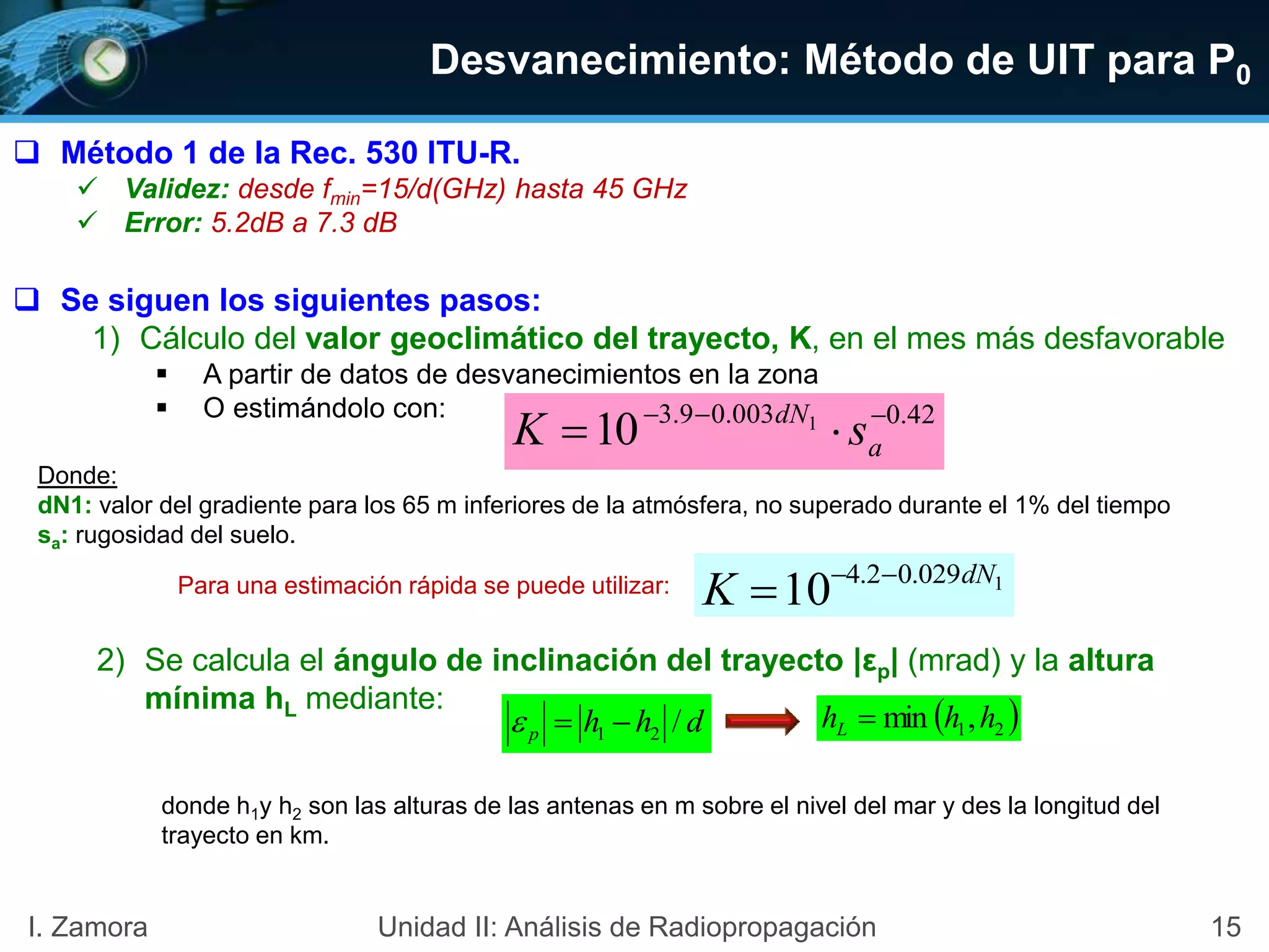 15I. Zamora Unidad II: Análisis de Radiopropagación
 Método 1 de la Rec. 530 ITU-R.
 Validez: desde fmin=15/d(GHz) hasta 45 GHz
 Error: 5.2dB a 7.3 dB
 Se siguen los siguientes pasos:
1) Cálculo del valor geoclimático del trayecto, K, en el mes más desfavorable
 A partir de datos de desvanecimientos en la zona
 O estimándolo con:
Donde:
dN1: valor del gradiente para los 65 m inferiores de la atmósfera, no superado durante el 1% del tiempo
sa: rugosidad del suelo.
42.0003.09.3 1
10 
 a
dN
sK
Para una estimación rápida se puede utilizar: 1029.02.4
10 dN
K 

2) Se calcula el ángulo de inclinación del trayecto |εp| (mrad) y la altura
mínima hL mediante:
dhhp /21   21,min hhhL 
donde h1y h2 son las alturas de las antenas en m sobre el nivel del mar y des la longitud del
trayecto en km.
Desvanecimiento: Método de UIT para P0
 