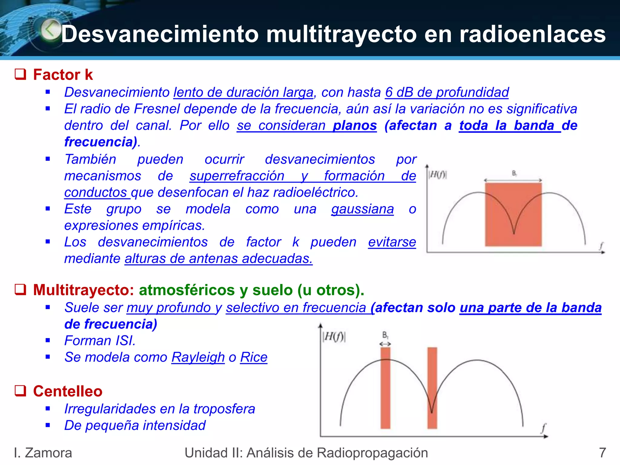  Multitrayecto: atmosféricos y suelo (u otros).
 Suele ser muy profundo y selectivo en frecuencia (afectan solo una parte de la banda
de frecuencia)
 Forman ISI.
 Se modela como Rayleigh o Rice
 Centelleo
 Irregularidades en la troposfera
 De pequeña intensidad
 Factor k
 Desvanecimiento lento de duración larga, con hasta 6 dB de profundidad
 El radio de Fresnel depende de la frecuencia, aún así la variación no es significativa
dentro del canal. Por ello se consideran planos (afectan a toda la banda de
frecuencia).
 También pueden ocurrir desvanecimientos por
mecanismos de superrefracción y formación de
conductos que desenfocan el haz radioeléctrico.
 Este grupo se modela como una gaussiana o
expresiones empíricas.
 Los desvanecimientos de factor k pueden evitarse
mediante alturas de antenas adecuadas.
7I. Zamora Unidad II: Análisis de Radiopropagación
Desvanecimiento multitrayecto en radioenlaces
 