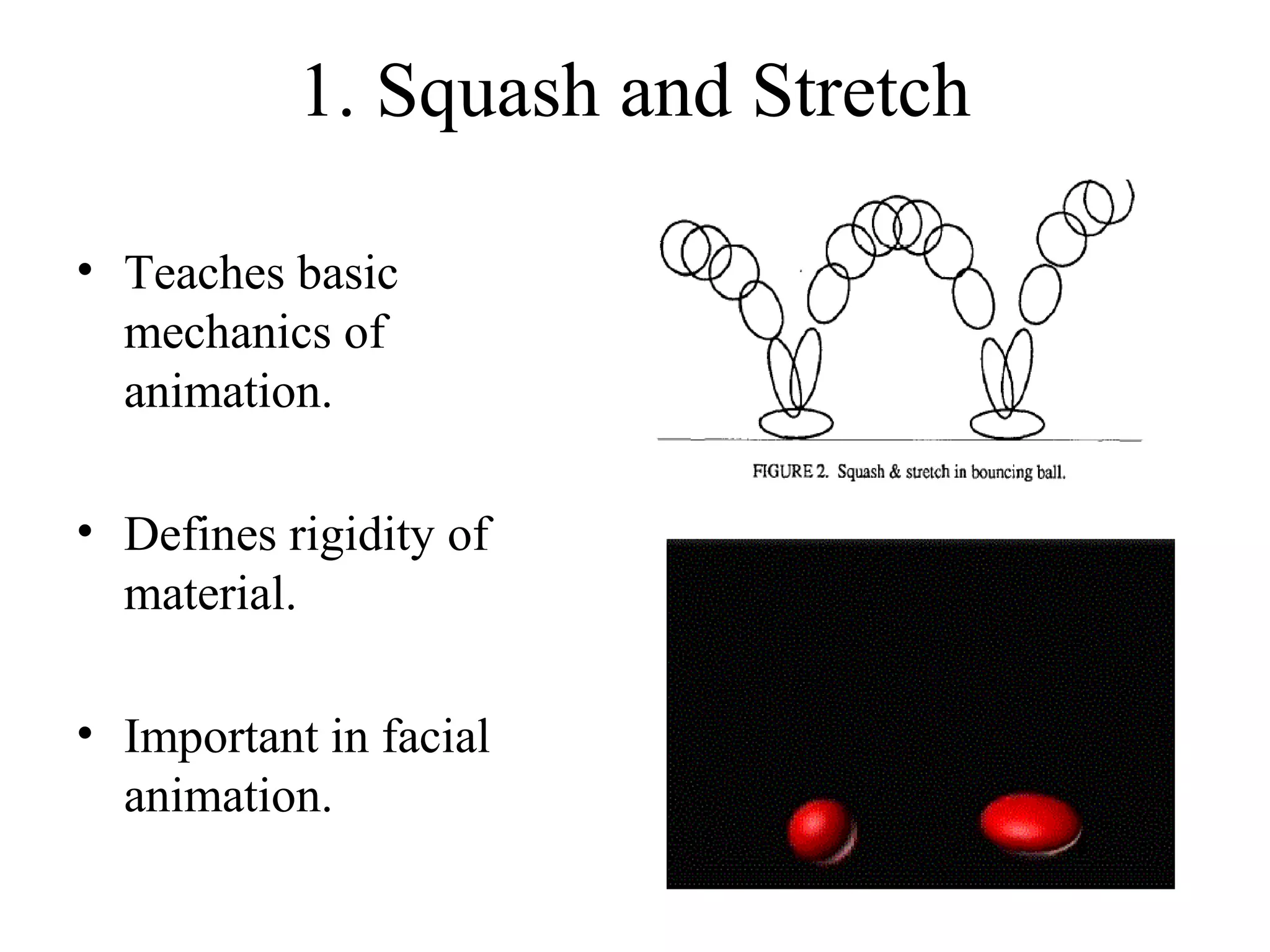 1. Squash and Stretch
• Teaches basic
mechanics of
animation.
• Defines rigidity of
material.
• Important in facial
animation.
 