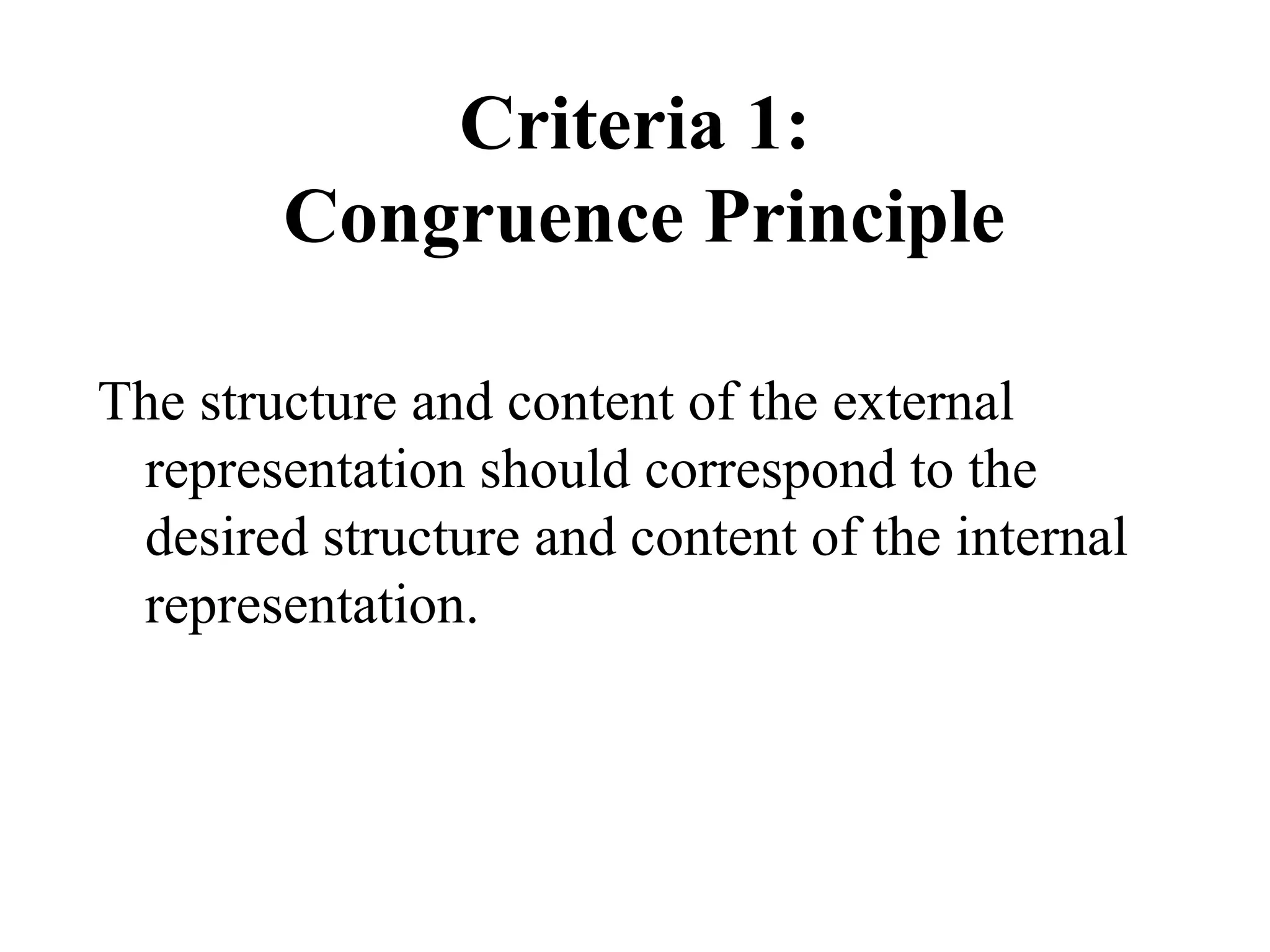 Criteria 1:
Congruence Principle
The structure and content of the external
representation should correspond to the
desired structure and content of the internal
representation.
 