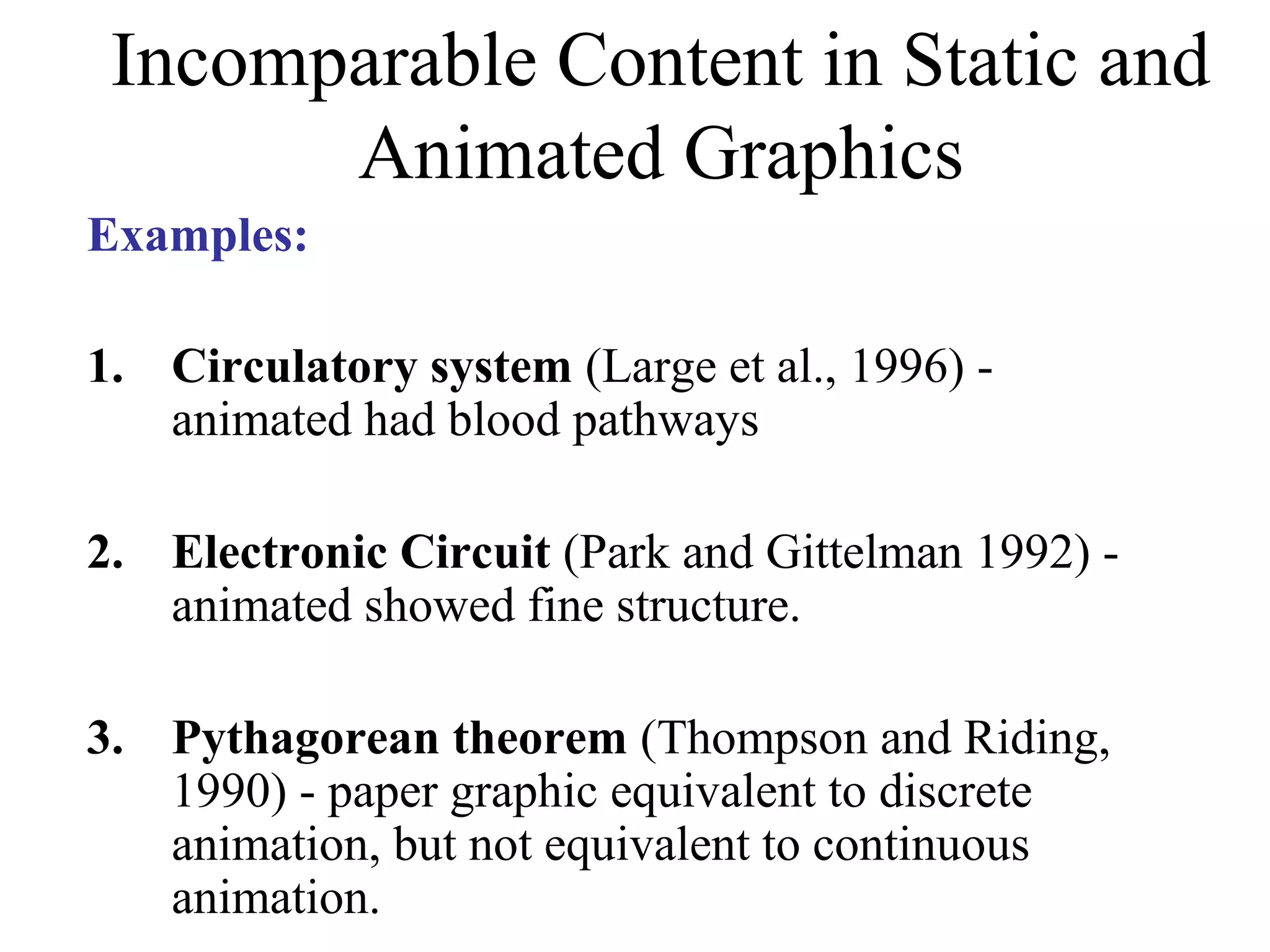 Incomparable Content in Static and
Animated Graphics
Examples:
1. Circulatory system (Large et al., 1996) -
animated had blood pathways
2. Electronic Circuit (Park and Gittelman 1992) -
animated showed fine structure.
3. Pythagorean theorem (Thompson and Riding,
1990) - paper graphic equivalent to discrete
animation, but not equivalent to continuous
animation.
 
