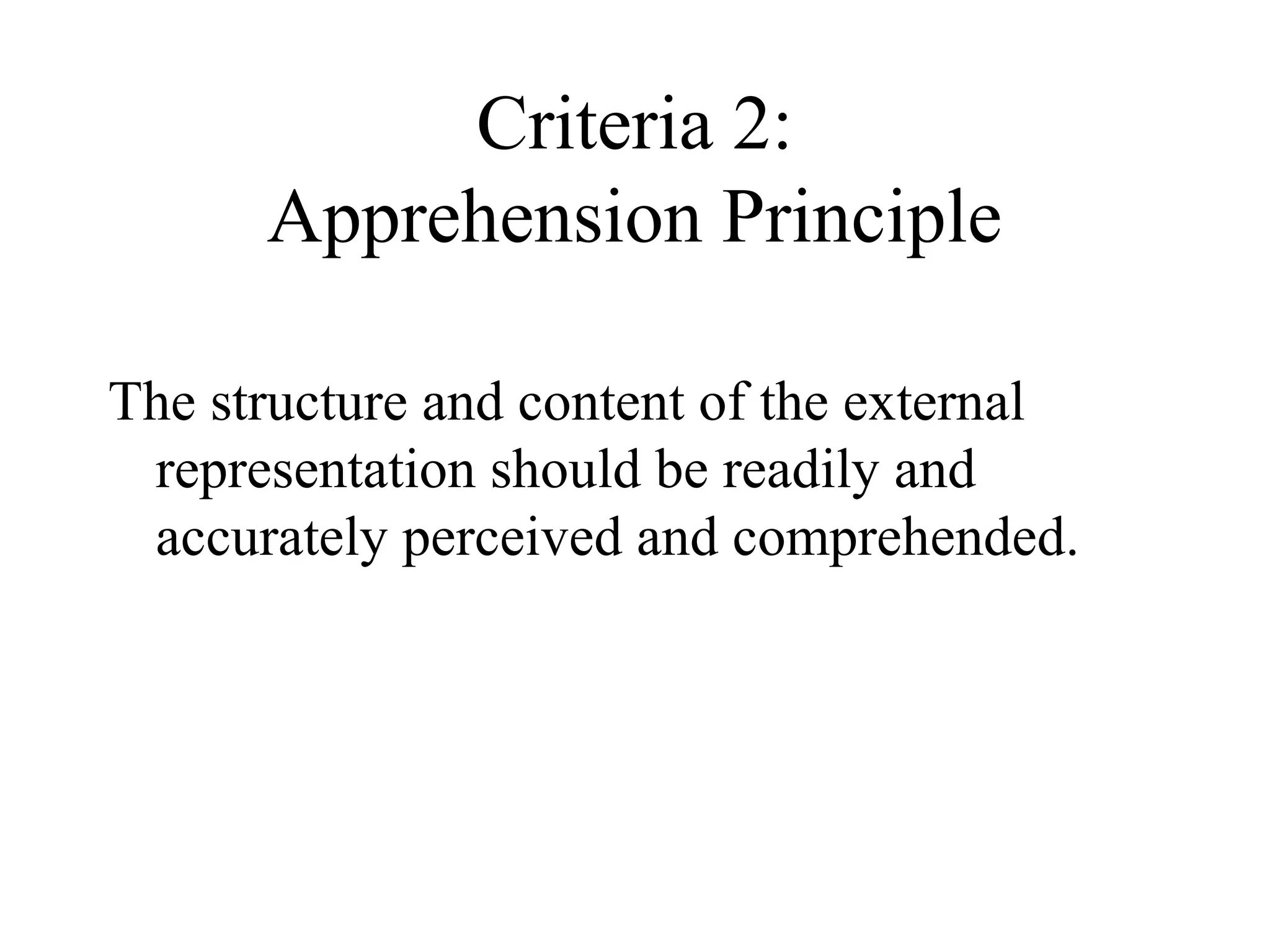 Criteria 2:
Apprehension Principle
The structure and content of the external
representation should be readily and
accurately perceived and comprehended.
 