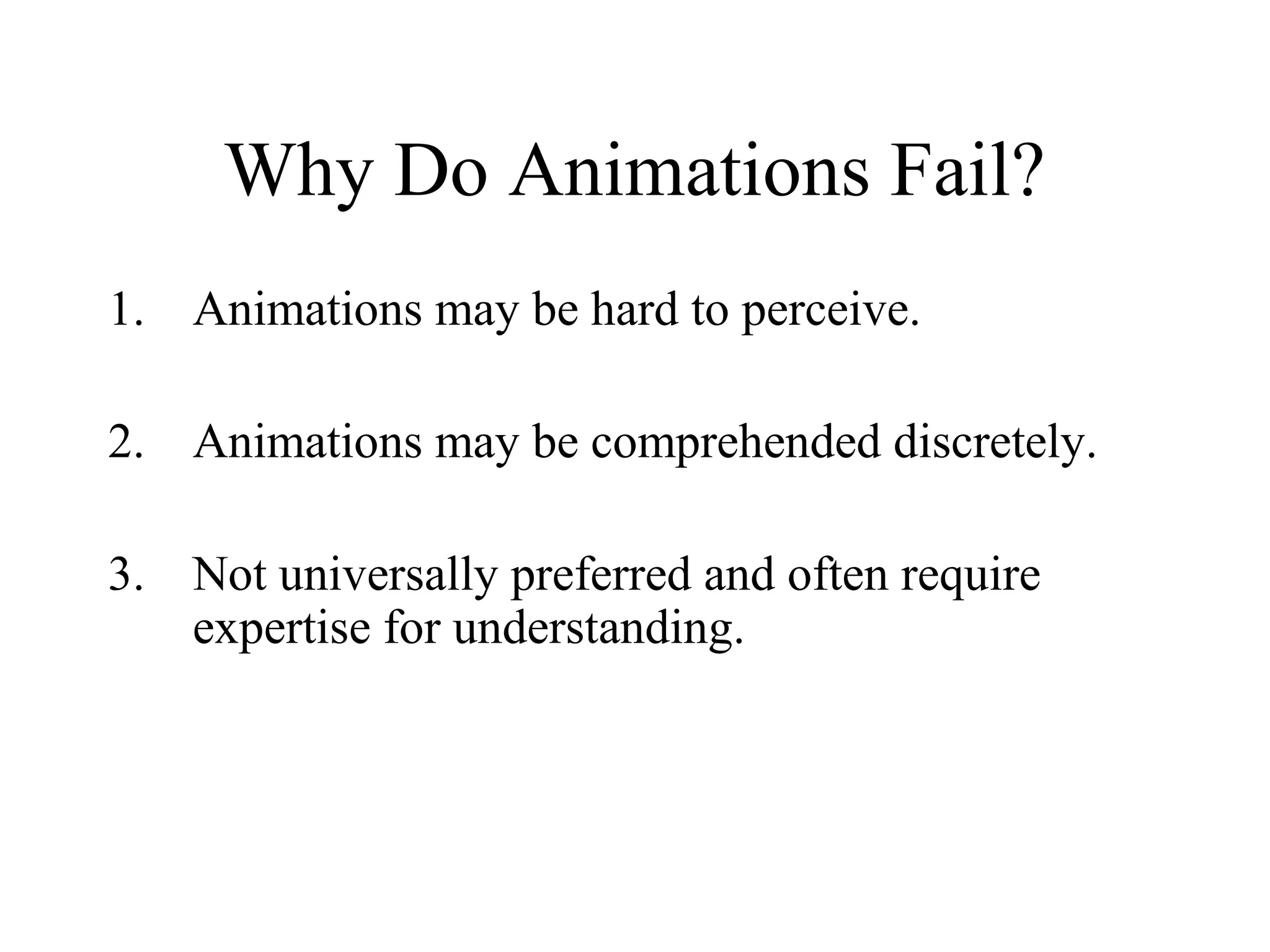 Why Do Animations Fail?
1. Animations may be hard to perceive.
2. Animations may be comprehended discretely.
3. Not universally preferred and often require
expertise for understanding.
 