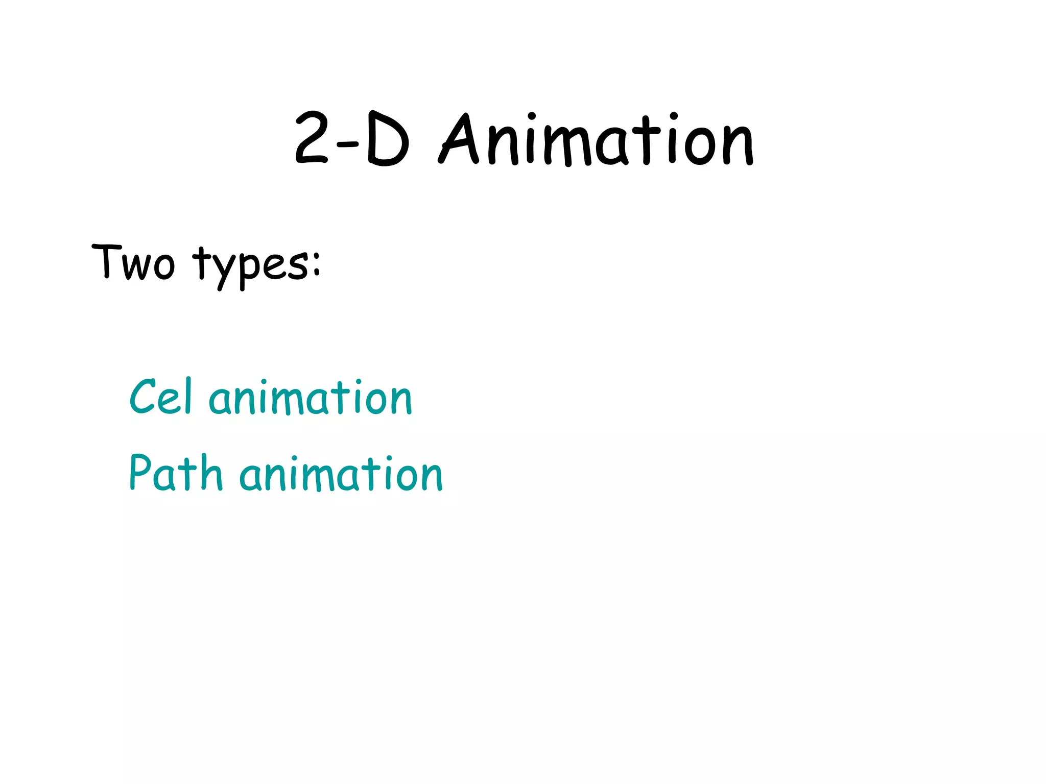 2-D Animation
Two types:
Cel animation
Path animation
 