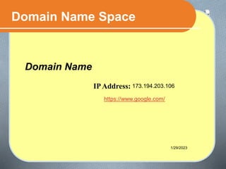 IPAddress:
Domain Name Space
Domain Name
1/29/2023
173.194.203.106
https://www.google.com/
 