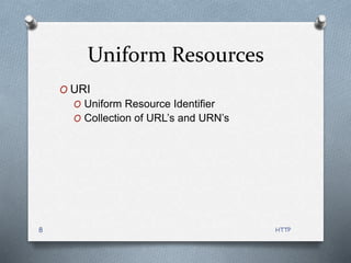 HTTP
8
Uniform Resources
O URI
O Uniform Resource Identifier
O Collection of URL’s and URN’s
 