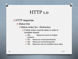 HTTP
19
HTTP 1.0
O HTTP response
O Status line
O Status-codes 3xx - Redirection
O Further action must be taken in order to...