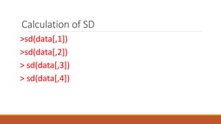 Calculation of SD
>sd(data[,1])
>sd(data[,2])
> sd(data[,3])
> sd(data[,4])
 