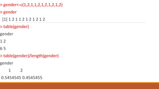 > gender<-c(1,2,1,1,2,1,2,1,2,1,2)
> gender
[1] 1 2 1 1 2 1 2 1 2 1 2
> table(gender)
gender
1 2
6 5
> table(gender)/length(gender)
gender
1 2
0.5454545 0.4545455
 