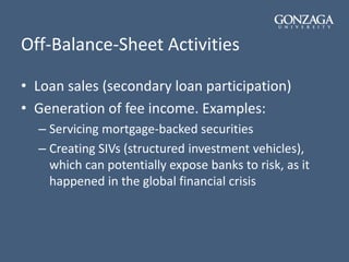 Off-Balance-Sheet Activities
• Loan sales (secondary loan participation)
• Generation of fee income. Examples:
– Servicing mortgage-backed securities
– Creating SIVs (structured investment vehicles),
which can potentially expose banks to risk, as it
happened in the global financial crisis
 