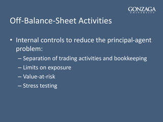 Off-Balance-Sheet Activities
• Internal controls to reduce the principal-agent
problem:
– Separation of trading activities and bookkeeping
– Limits on exposure
– Value-at-risk
– Stress testing
 