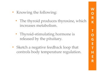 • Knowing the following:
• The thyroid produces thyroxine, which
increases metabolism.
• Thyroid-stimulating hormone is
released by the pituitary.
• Sketch a negative feedback loop that
controls body temperature regulation.
W
O
R
K
T
O
G
E
T
H
E
R
 