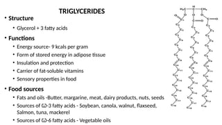 • Structure
• Glycerol + 3 fatty acids
• Functions
• Energy source- 9 kcals per gram
• Form of stored energy in adipose tissue
• Insulation and protection
• Carrier of fat-soluble vitamins
• Sensory properties in food
• Food sources
• Fats and oils -Butter, margarine, meat, dairy products, nuts, seeds
• Sources of Ѡ-3 fatty acids - Soybean, canola, walnut, flaxseed,
Salmon, tuna, mackerel
• Sources of Ѡ-6 fatty acids - Vegetable oils
C9
CH2
H
C
H2C
C16
O O
C O
C1
O
C2
C3
C4
C5
C6
C7
C8
C10
C11
C12
C13
C14
C15
C17
C18
C9
C16
C2
C3
C4
C5
C6
C7
C8
C10
C11
C12
C13
C14
C15
C17
C18
O
C O
C9
C16
C2
C3
C4
C5
C6
C7
C8
C10
C11
C12
C13
C14
C15
C17
C18
TRIGLYCERIDES
 