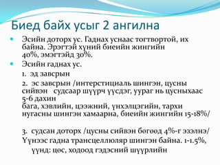 Биед байх усыг 2 ангилна



Эсийн доторх ус. Гаднах уснаас тогтвортой, их
байна. Эрэгтэй хүний биеийн жингийн
40%, эмэгтэйд 30%.
Эсийн гаднах ус.
1. эд завсрын
2. эс завсрын /интерстициаль шингэн, цусны
сийвэн судсаар шүүрч үүсдэг, уураг нь цусныхаас
5-6 дахин
бага, хэвлийн, цээжний, үнхэлцэгийн, тархи
нугасны шингэн хамаарна, биеийн жингийн 15-18%/

3. судсан доторх /цусны сийвэн бөгөөд 4%-г эзэлнэ/
Үүнээс гадна трансцеллюляр шингэн байна. 1-1.5%,
үүнд: цөс, ходоод гэдэсний шүүрлийн

 