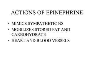 ACTIONS OF EPINEPHRINE
• MIMICS SYMPATHETIC NS
• MOBILIZES STORED FAT AND
CARBOHYDRATE
• HEART AND BLOOD VESSELS
 