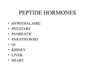 PEPTIDE HORMONES
• HYPOTHALAMIC
• PITUITARY
• PANREATIC
• PARATHYROID
• GI
• KIDNEY
• LIVER
• HEART
 