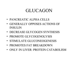 GLUCAGON
• PANCREATIC ALPHA CELLS
• GENERALLY OPPOSES ACTIONS OF
INSULIN
• DECREASE GLYCOGEN SYNTHESIS
• PROMOTE GLYCOGENOLYSIS
• STIMULATE GLUCONEOGENESIS
• PROMOTES FAT BREAKDOWN
• ONLY IN LIVER: PROTEIN CATABOLISM
 
