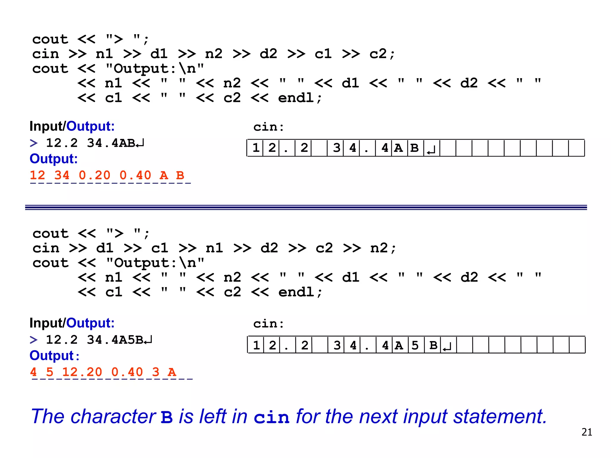 21
Input/Output: cin:
> 12.2 34.4A5B
Output:
4 5 12.20 0.40 3 A
The character B is left in cin for the next input statement.
Input/Output: cin:
> 12.2 34.4AB
Output:
12 34 0.20 0.40 A B
cout << "> ";
cin >> n1 >> d1 >> n2 >> d2 >> c1 >> c2;
cout << "Output:n"
<< n1 << " " << n2 << " " << d1 << " " << d2 << " "
<< c1 << " " << c2 << endl;
cout << "> ";
cin >> d1 >> c1 >> n1 >> d2 >> c2 >> n2;
cout << "Output:n"
<< n1 << " " << n2 << " " << d1 << " " << d2 << " "
<< c1 << " " << c2 << endl;
1 2 . 2 3 4 . 4 A B 

1 2 . 2 3 4 . 4 A 5 B
--------------------
--------------------
 