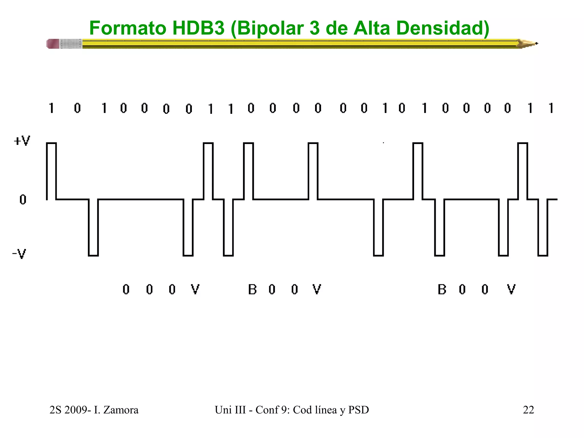 Formato HDB3 (Bipolar 3 de Alta Densidad) 
2S 2009- I. Zamora Uni III - Conf 9: Cod línea y PSD 22 
 