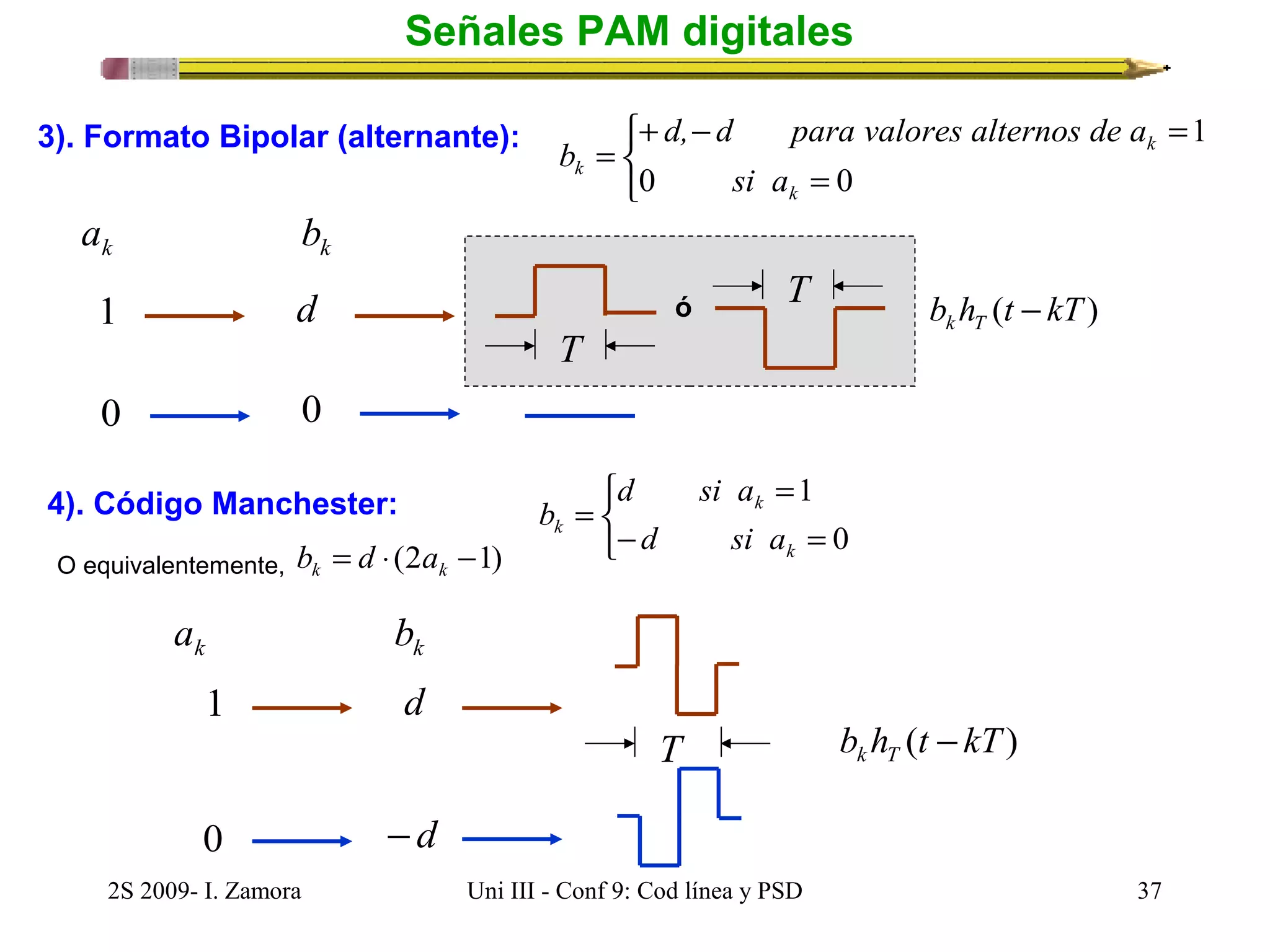 Señales PAM digitales 
3). Formato Bipolar (alternante): 
d, d para valores alternos de a 
+ - = 
î í ì 
= 
0 = 
0 
b 
d 
1 
0 0 
= 
d si a 
b 
2S 2009- I. Zamora Uni III - Conf 9: Cod línea y PSD 37 
1 
k 
k 
k si a 
b h (t kT) k T - 
k a k b 
k a k b 
1 
0 - d 
î í ì 
- = 
= 
0 
1 
k 
k 
k d si a 
b h (t kT) k T - 
d 
4). Código Manchester: 
= ×(2 -1) k k O equivalentemente, b d a 
T 
ó T 
T 
 