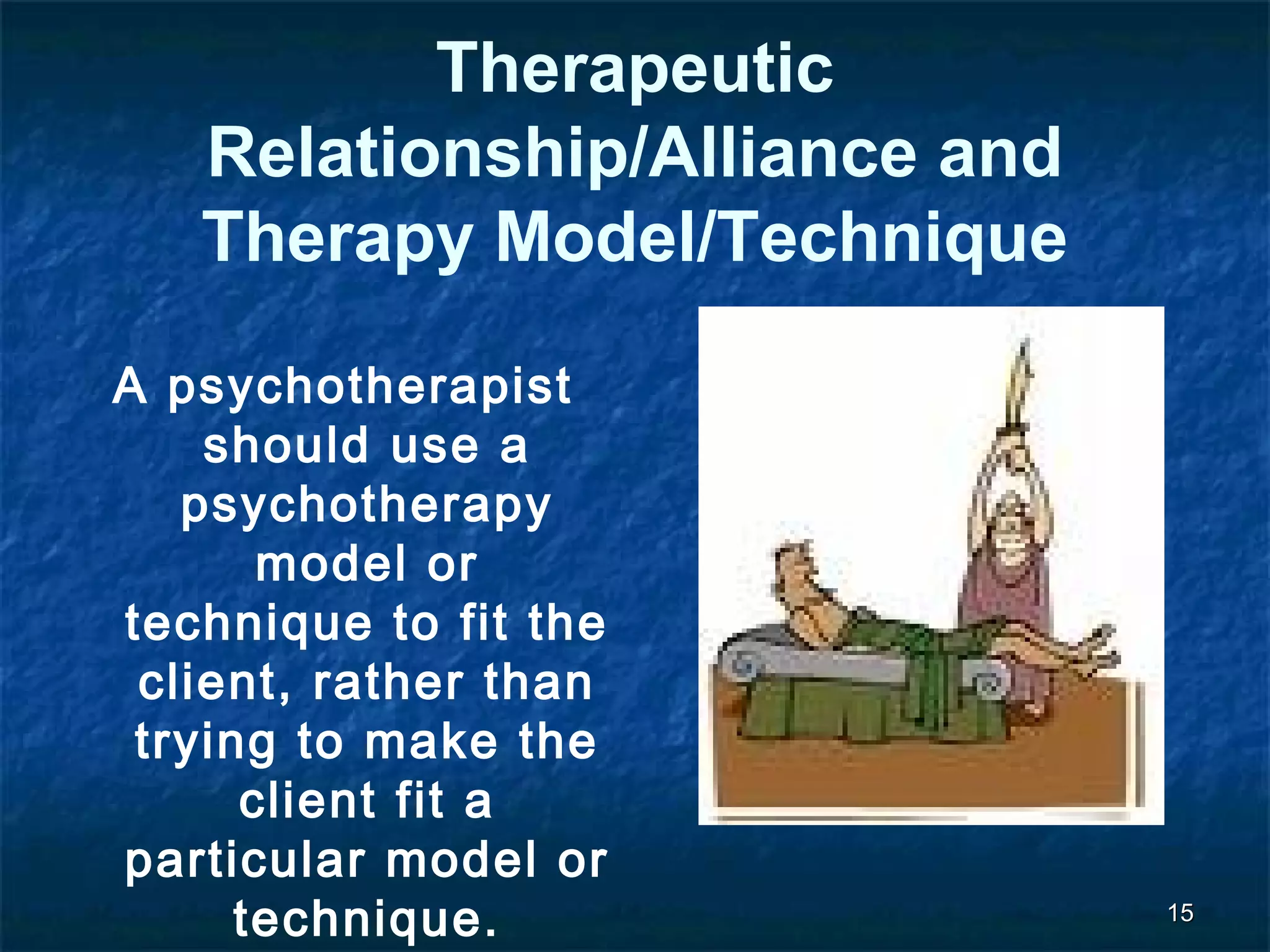 1155 
Therapeutic 
Relationship/Alliance and 
Therapy Model/Technique 
A psychotherapist 
should use a 
psychotherapy 
model or 
technique to fit the 
client, rather than 
trying to make the 
client fit a 
particular model or 
technique. 
 