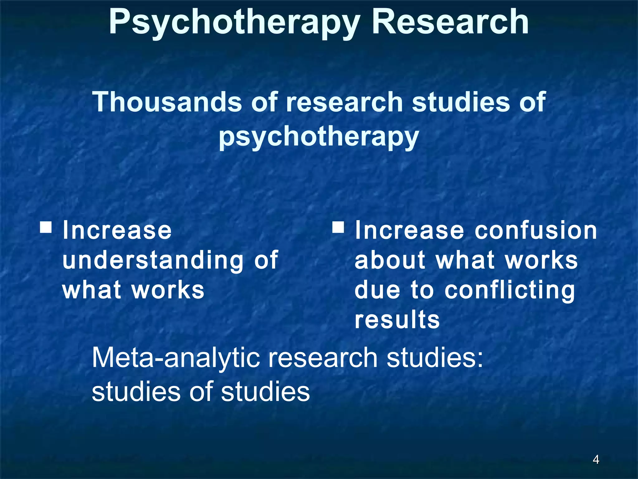 44 
Psychotherapy Research 
Thousands of research studies of 
psychotherapy 
 Increase 
understanding of 
what works 
 Increase confusion 
about what works 
due to conflicting 
results 
Meta-analytic research studies: 
studies of studies 
 