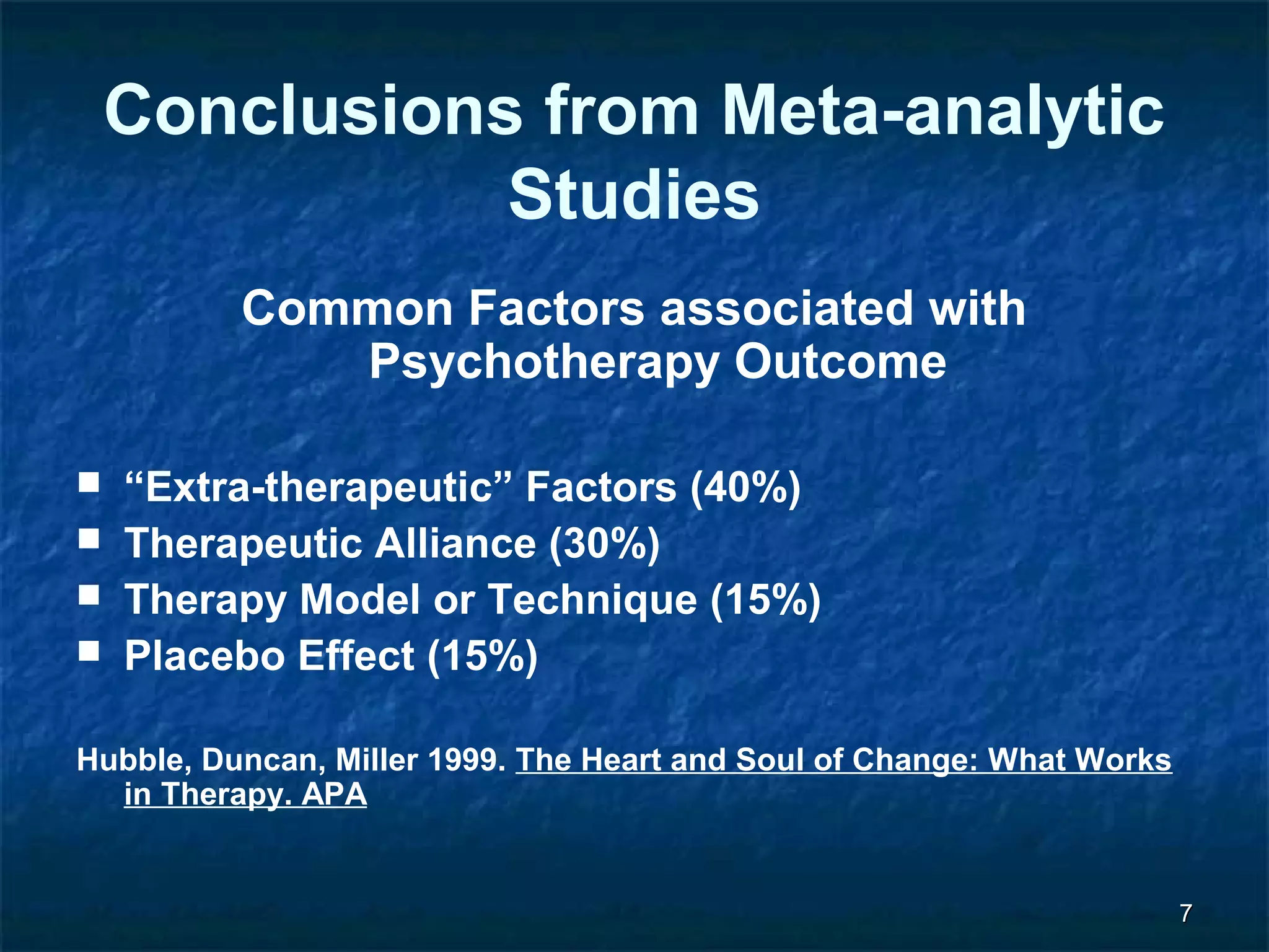77 
Conclusions from Meta-analytic 
Studies 
Common Factors associated with 
Psychotherapy Outcome 
 “Extra-therapeutic” Factors (40%) 
 Therapeutic Alliance (30%) 
 Therapy Model or Technique (15%) 
 Placebo Effect (15%) 
Hubble, Duncan, Miller 1999. The Heart and Soul of Change: What Works 
in Therapy. APA 
 