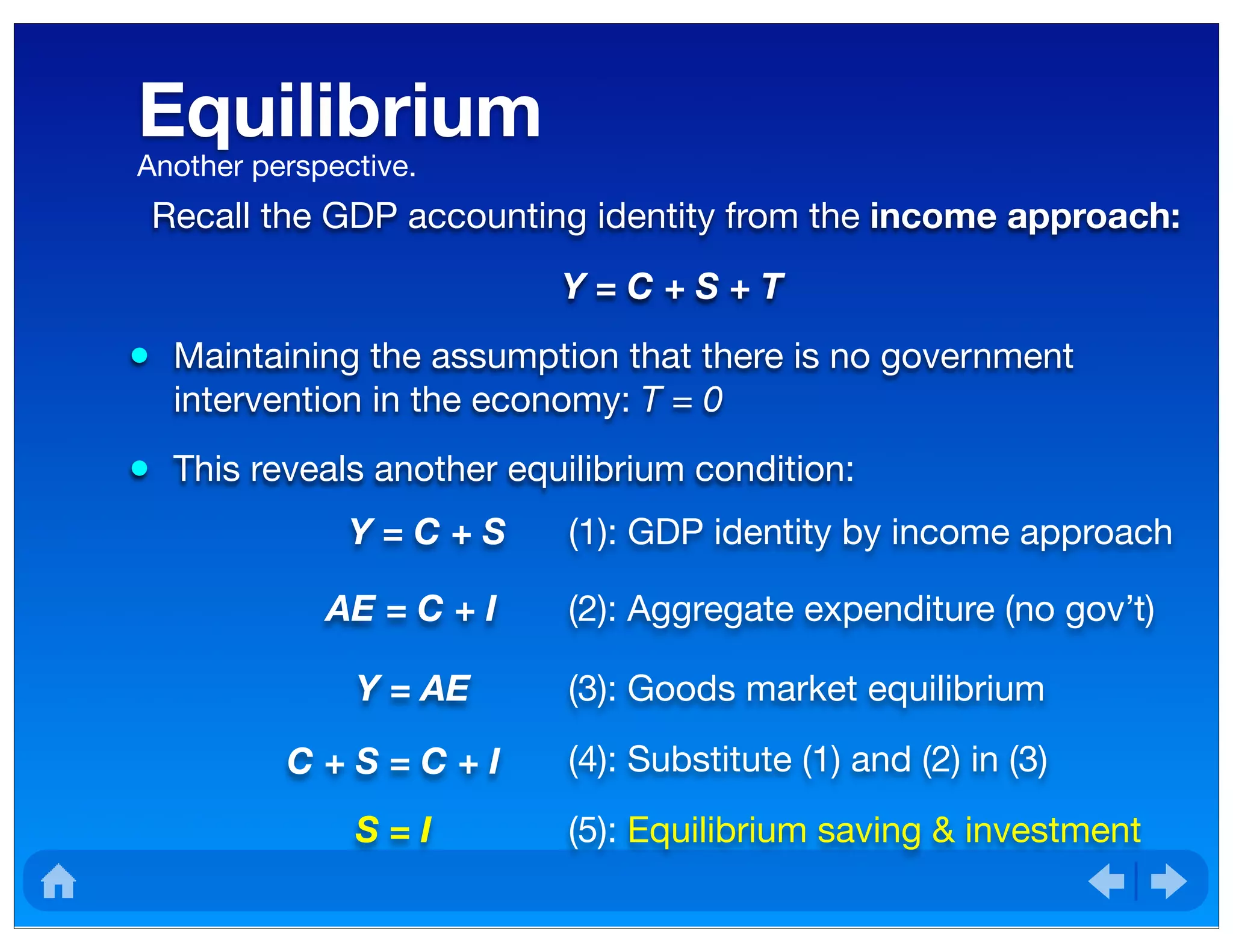 Equilibrium
Recall the GDP accounting identity from the income approach:
Y = C + S + T
• Maintaining the assumption that there is no government
intervention in the economy: T = 0
• This reveals another equilibrium condition:
Another perspective.
Y = C + S (1): GDP identity by income approach
AE = C + I (2): Aggregate expenditure (no gov’t)
Y = AE (3): Goods market equilibrium
C + S = C + I (4): Substitute (1) and (2) in (3)
S = I (5): Equilibrium saving & investment
 