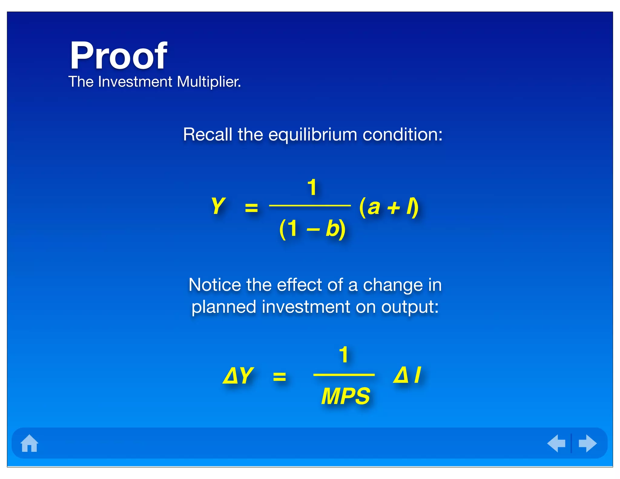 ProofThe Investment Multiplier.
Y = (a + I)
(1 – b)
1
Recall the equilibrium condition:
Notice the effect of a change in
planned investment on output:
∆Y =
1
MPS
∆ I
 