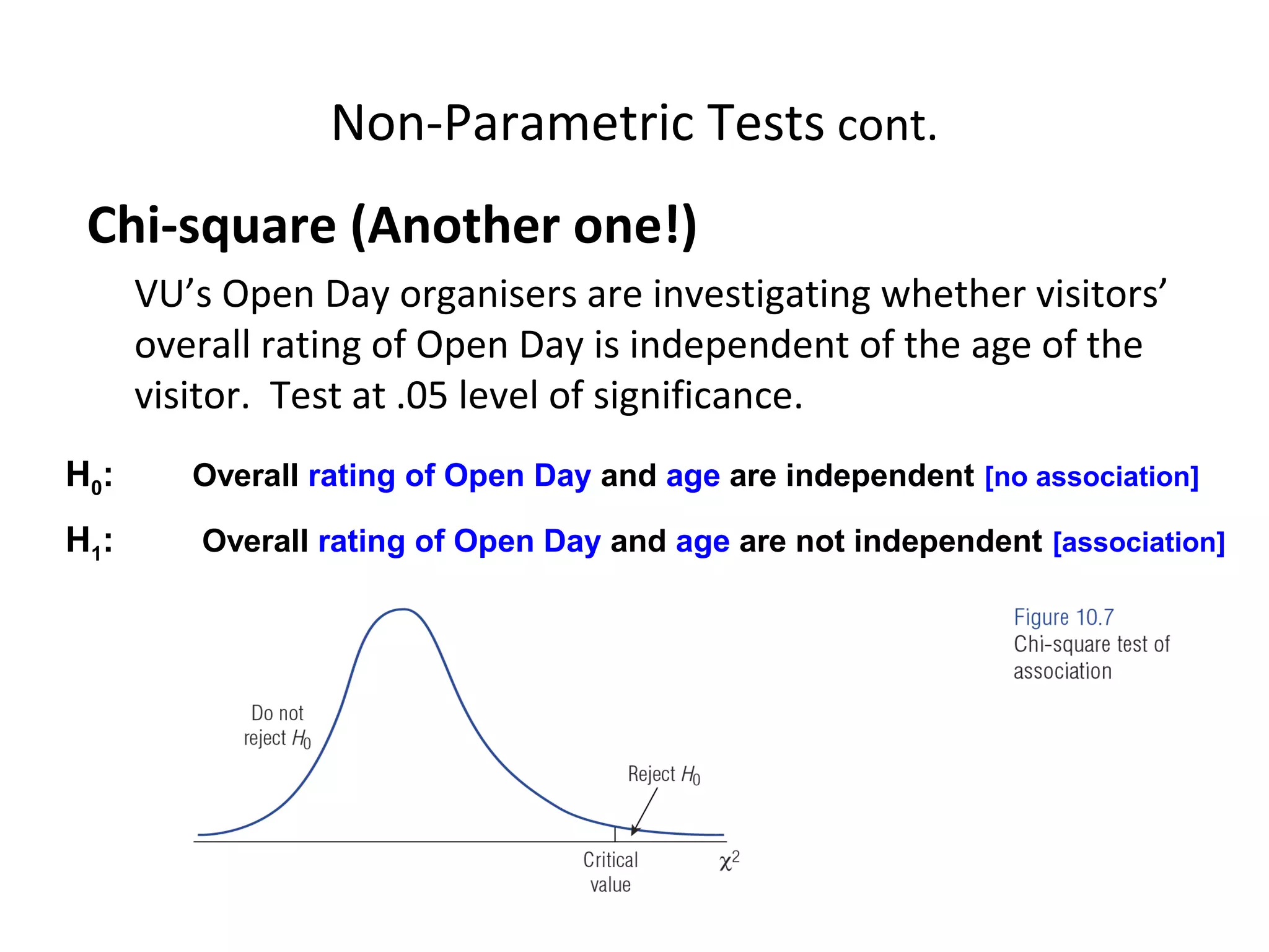 Non-Parametric Tests cont.
 Chi-square (Another one!)
      VU’s Open Day organisers are investigating whether visitors’
      overall rating of Open Day is independent of the age of the
      visitor. Test at .05 level of significance.
H0:      Overall rating of Open Day and age are independent [no association]

H1:      Overall rating of Open Day and age are not independent [association]
 