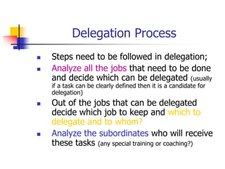 Delegation Process
 Steps need to be followed in delegation;
 Analyze all the jobs that need to be done
and decide which can be delegated (usually
if a task can be clearly defined then it is a candidate for
delegation)
 Out of the jobs that can be delegated
decide which job to keep and which to
delegate and to whom?
 Analyze the subordinates who will receive
these tasks (any special training or coaching?)
 