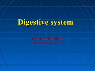 Digestive system
Dr. Malik Zohaib Ali
DVM, M.Phil. (Anatomy)

 