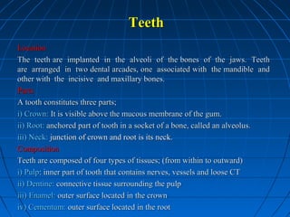 Teeth
Location
The teeth are implanted in the alveoli of the bones of the jaws. Teeth
are arranged in two dental arcades, one associated with the mandible and
other with the incisive and maxillary bones.
Parts
A tooth constitutes three parts;
i) Crown: It is visible above the mucous membrane of the gum.
ii) Root: anchored part of tooth in a socket of a bone, called an alveolus.
iii) Neck: junction of crown and root is its neck.
Composition
Teeth are composed of four types of tissues; (from within to outward)
i) Pulp: inner part of tooth that contains nerves, vessels and loose CT
ii) Dentine: connective tissue surrounding the pulp
iii) Enamel: outer surface located in the crown
iv) Cementum: outer surface located in the root

 