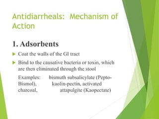 Antidiarrheals: Mechanism of
Action
1. Adsorbents
 Coat the walls of the GI tract
 Bind to the causative bacteria or toxin, which
are then eliminated through the stool
Examples: bismuth subsalicylate (Pepto-
Bismol), kaolin-pectin, activated
charcoal, attapulgite (Kaopectate)
 