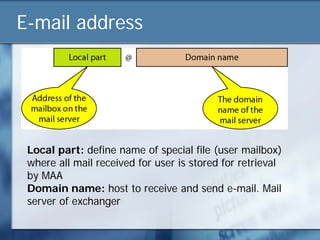 E-mail address




 Local part: define name of special file (user mailbox)
 where all mail received for user is stored for retrieval
 by MAA
 Domain name: host to receive and send e-mail. Mail
 server of exchanger
 