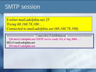 SMTP session

$ telnet mail.adelphia.net 25
Trying 68.168.78.100 . . .
Connected to mail.adelphia.net (68.168.78.100).
 