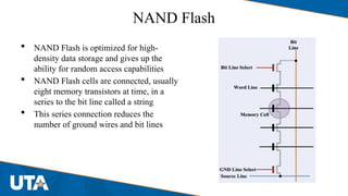NAND Flash
 NAND Flash is optimized for high-
density data storage and gives up the
ability for random access capabilities
 NAND Flash cells are connected, usually
eight memory transistors at time, in a
series to the bit line called a string
 This series connection reduces the
number of ground wires and bit lines
 