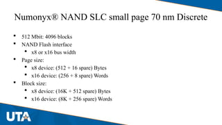 Numonyx® NAND SLC small page 70 nm Discrete
 512 Mbit: 4096 blocks
 NAND Flash interface
 x8 or x16 bus width
 Page size:
 x8 device: (512 + 16 spare) Bytes
 x16 device: (256 + 8 spare) Words
 Block size:
 x8 device: (16K + 512 spare) Bytes
 x16 device: (8K + 256 spare) Words
 