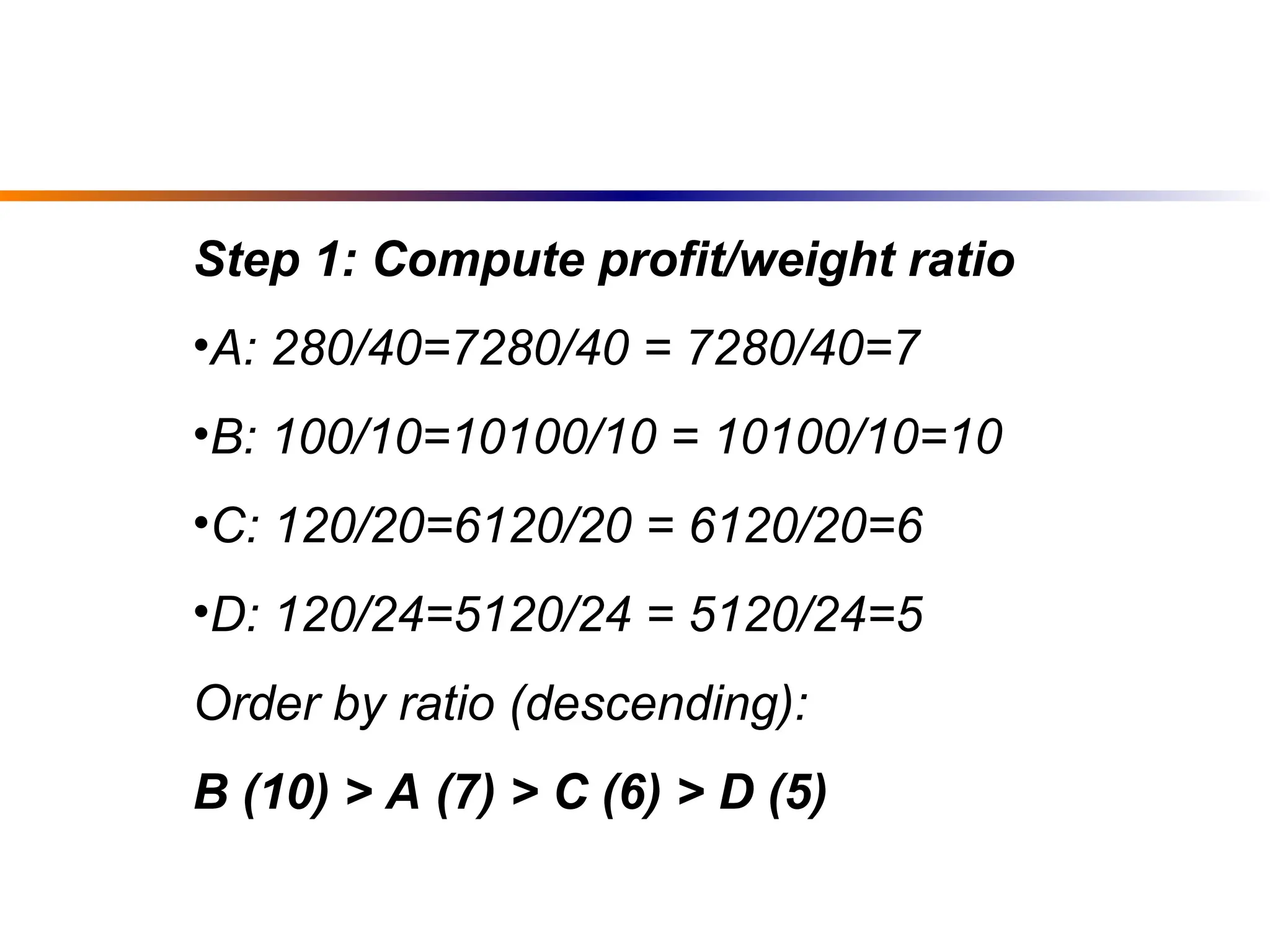 Step 1: Compute profit/weight ratio
•A: 280/40=7280/40 = 7280/40=7
•B: 100/10=10100/10 = 10100/10=10
•C: 120/20=6120/20 = 6120/20=6
•D: 120/24=5120/24 = 5120/24=5
Order by ratio (descending):
B (10) > A (7) > C (6) > D (5)
 
