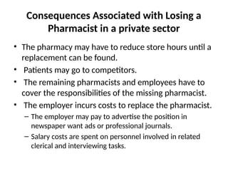 Consequences Associated with Losing a
Pharmacist in a private sector
• The pharmacy may have to reduce store hours until a
replacement can be found.
• Patients may go to competitors.
• The remaining pharmacists and employees have to
cover the responsibilities of the missing pharmacist.
• The employer incurs costs to replace the pharmacist.
– The employer may pay to advertise the position in
newspaper want ads or professional journals.
– Salary costs are spent on personnel involved in related
clerical and interviewing tasks.
 