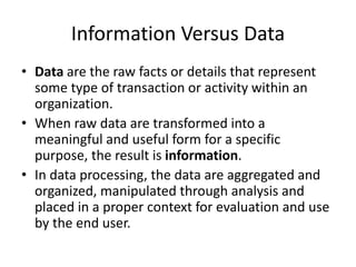Information Versus Data
• Data are the raw facts or details that represent
some type of transaction or activity within an
organization.
• When raw data are transformed into a
meaningful and useful form for a specific
purpose, the result is information.
• In data processing, the data are aggregated and
organized, manipulated through analysis and
placed in a proper context for evaluation and use
by the end user.
 