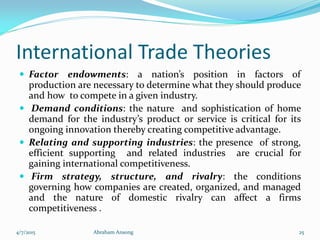 International Trade Theories
 Factor endowments: a nation’s position in factors of
production are necessary to determine what they should produce
and how to compete in a given industry.
 Demand conditions: the nature and sophistication of home
demand for the industry’s product or service is critical for its
ongoing innovation thereby creating competitive advantage.
 Relating and supporting industries: the presence of strong,
efficient supporting and related industries are crucial for
gaining international competitiveness.
 Firm strategy, structure, and rivalry: the conditions
governing how companies are created, organized, and managed
and the nature of domestic rivalry can affect a firms
competitiveness .
4/7/2015 Abraham Ansong 25
 