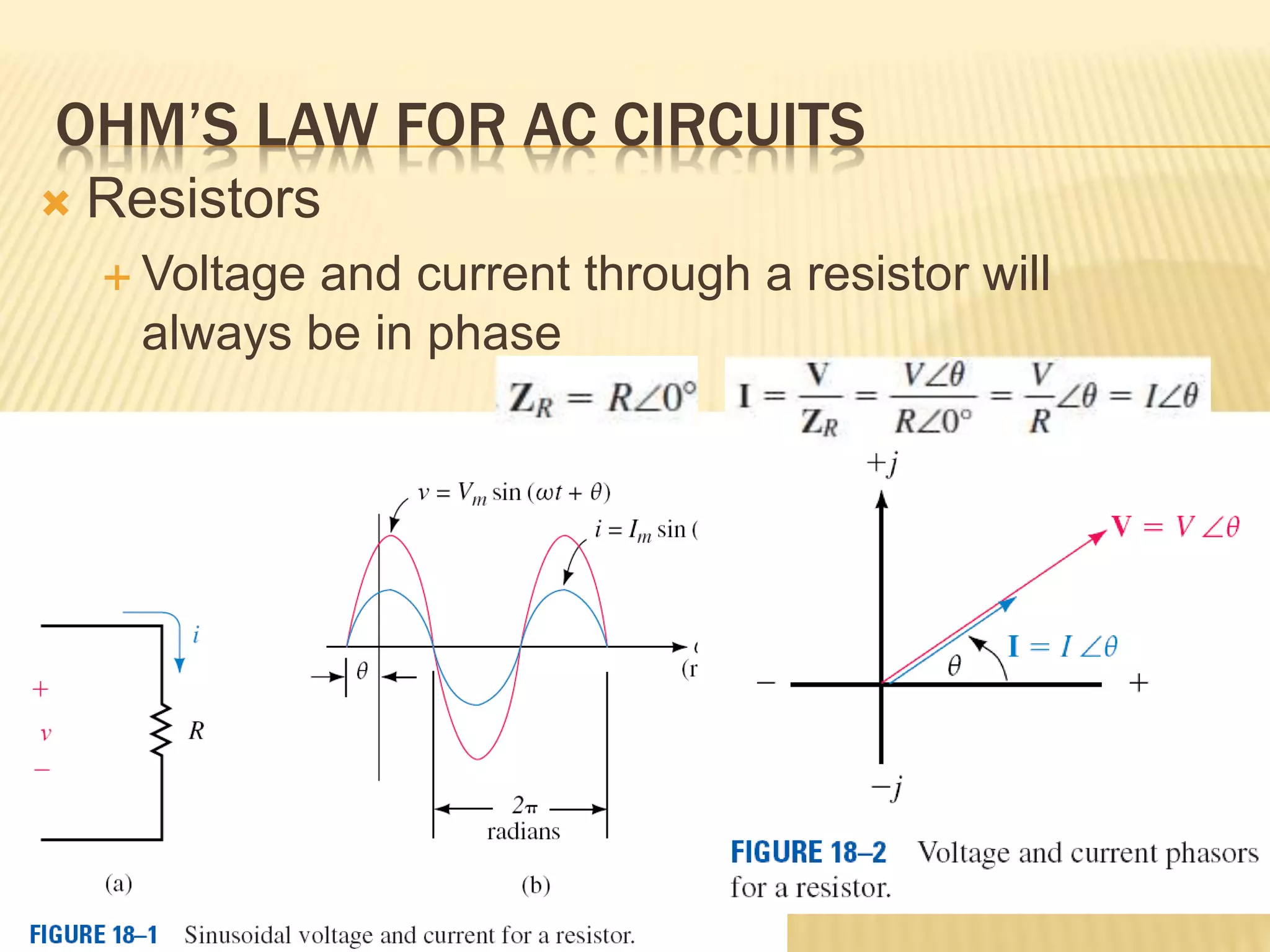 OHM’S LAW FOR AC CIRCUITS
 Resistors
 Voltage and current through a resistor will
always be in phase
 